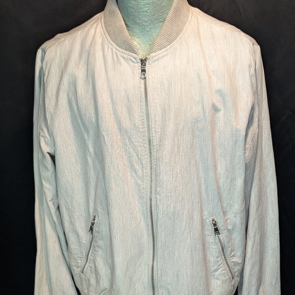 Mens Varsity Bomber Jacket Coat Banana Republic Large L Light Grey EUC